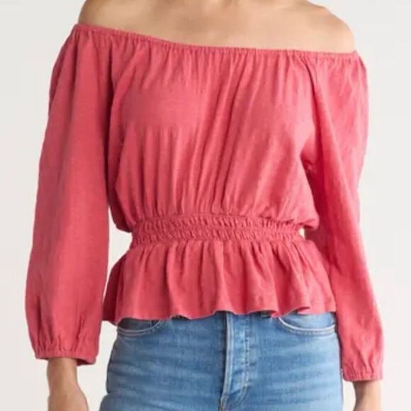 Marine Layer Pink 100% Cotton Off Shoulder Smocked Waist Top NWT Size Small - Picture 6 of 6